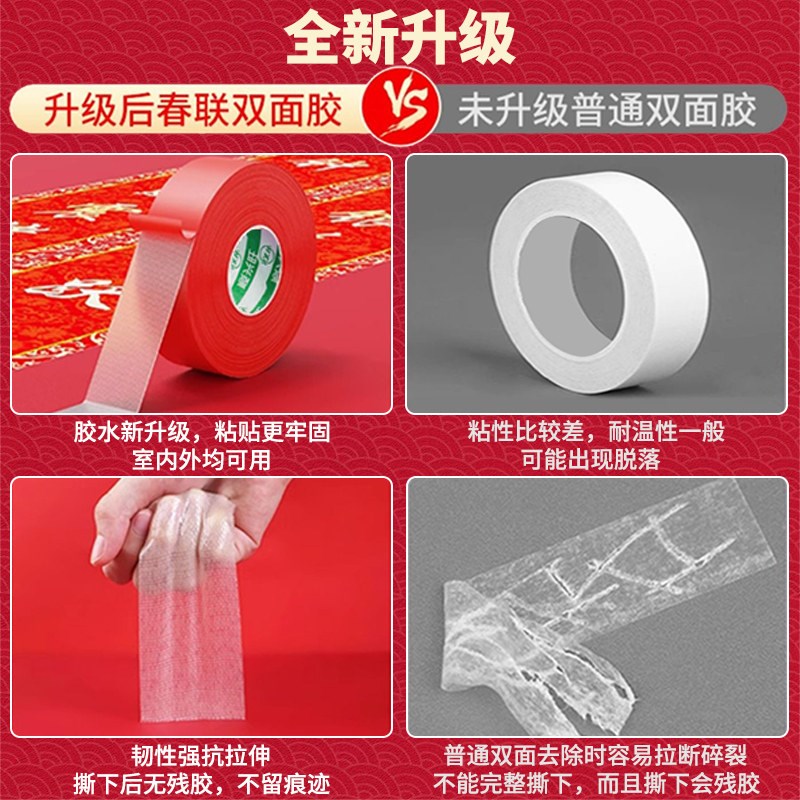贴春联对联双面胶带撕下i不留痕迹红色网格布基双面无痕胶布婚庆
