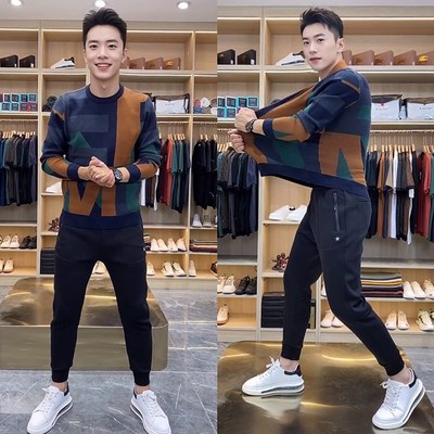 9173春秋季男款拼色羊毛衫圆领套头内搭长袖毛衣毛线衣.男士打底