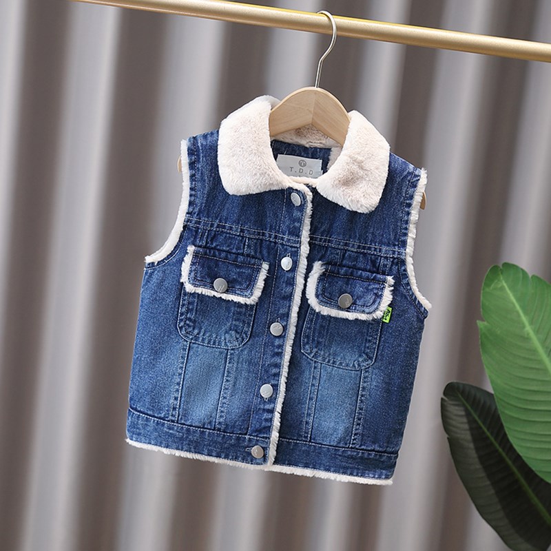 儿童加绒牛c仔马甲秋冬装2024新款小恐龙洋气加厚男童坎肩背心外