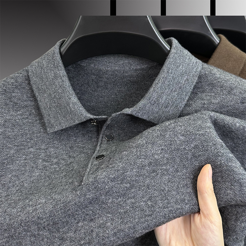 羊毛衫男100%纯羊n毛冬季加厚带翻领纯色针织衫中年男士保暖上衣