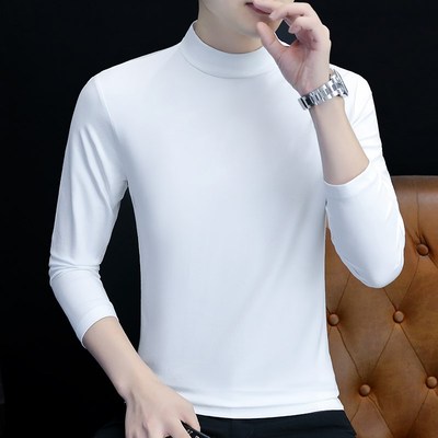 秋冬季半高领长袖男保暖秋衣纯色内搭中领tT恤修身纯棉打底衫