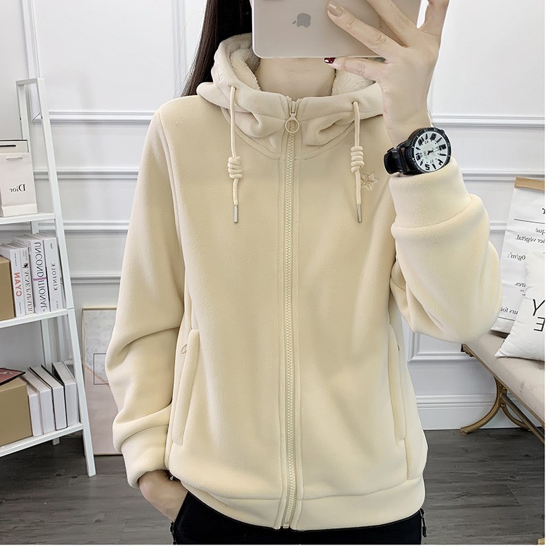 抓绒衣女秋冬季连帽摇粒绒外套防风E加绒加厚保暖卫衣羊羔绒开衫