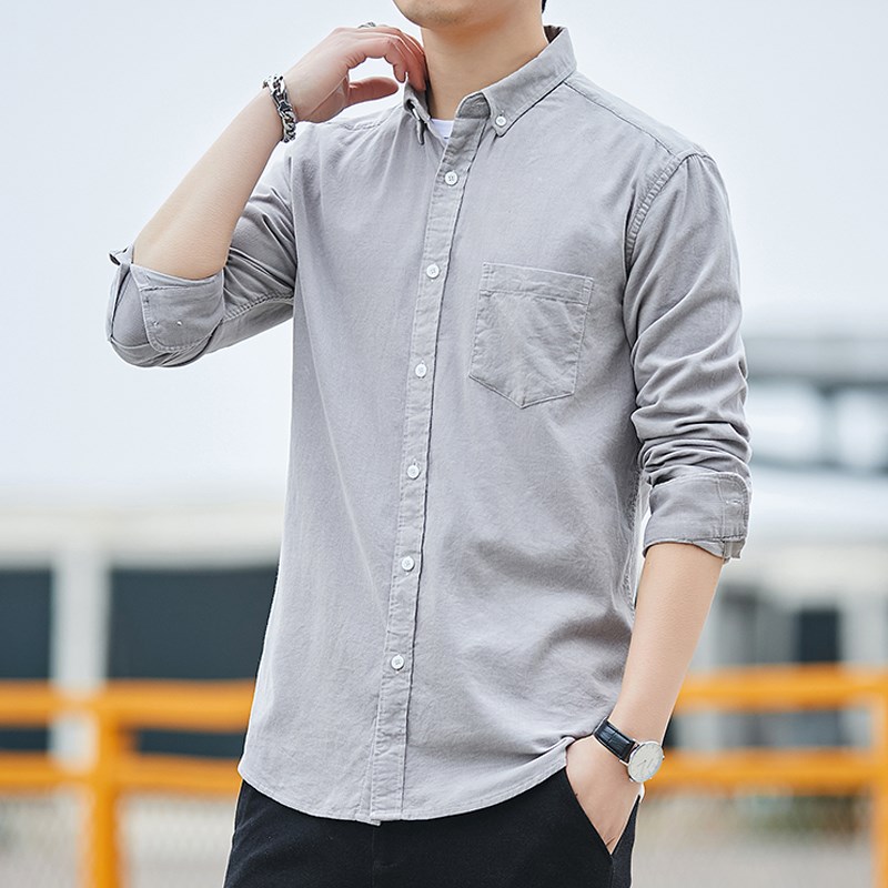 秋季新款男c士纯棉长袖衬衫条纹灯芯绒宽松休闲衬衣男装外套上衣