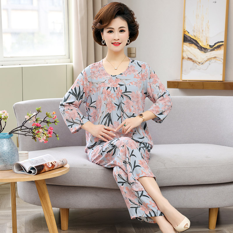中老年睡衣女夏季老人绵绸长袖家居服人造棉N两件套妈妈棉绸套装