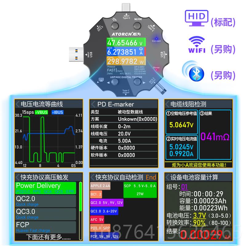 正品炬为ype-c 流pd手充电器机检测仪直流电压电表功率T计usb测试