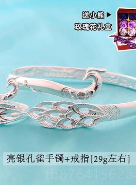 正品纯银手镯情999景蓝孔雀复古民族送妈风妈女友泰老婆七夕人节