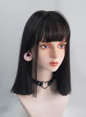 正品黑色一刀切然锁骨假女中长发发网红漫画刘海发长直发自整顶全