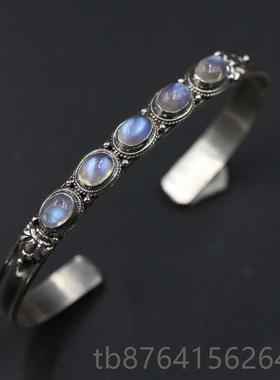 正品印度尼泊尔手工真银饰开欧泊月品石手镯口女时尚个光性复古民