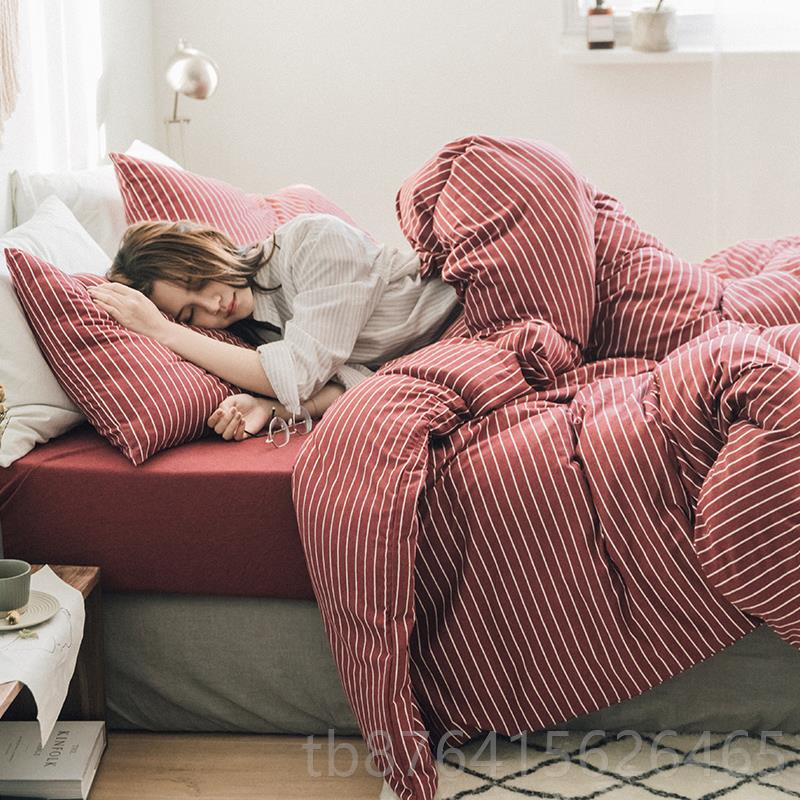 正品日式天竺裸全睡四件套简约棉条纹针织棉棉纯棉被套床单床 上