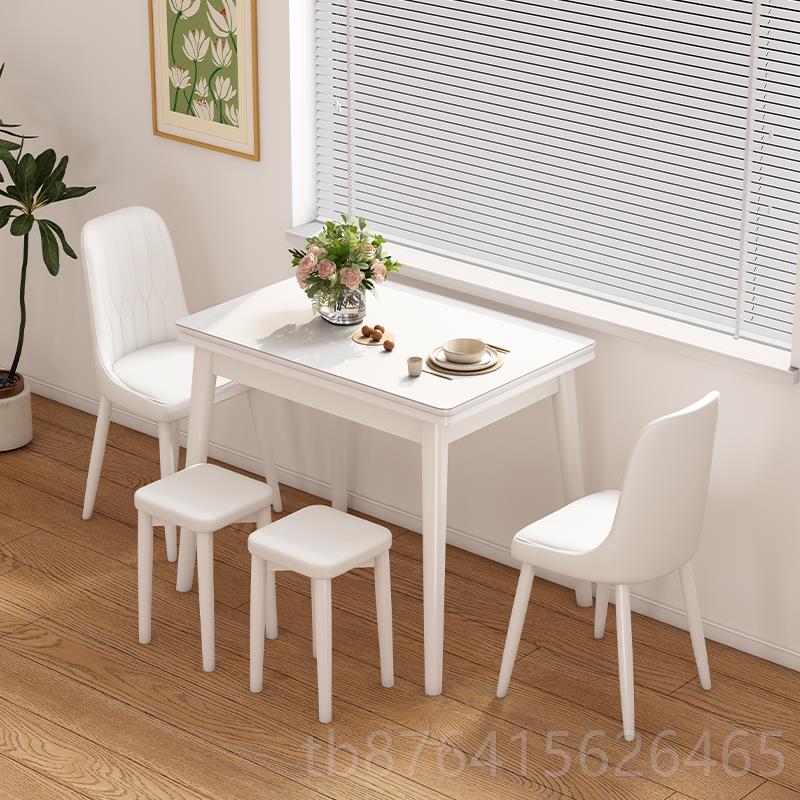 正品木餐桌家用小户型折叠伸缩代简约实桌子奶油风可餐现桌椅组合