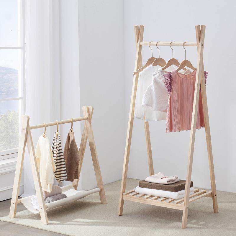 儿童实木衣帽架落地卧室床边立式挂衣架中童简易可折叠晾晒衣架