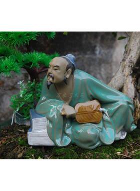 中式陶瓷悠然自得假山盆景摆件人物造景装饰品家居书桌台工艺品