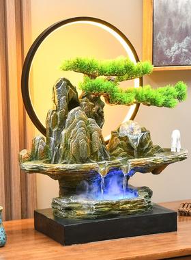 新中式假山流水喷泉摆件客厅办公室桌面装饰高山循环水生财风水轮