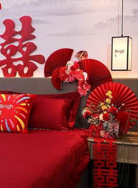 婚礼房间布置集婚礼新房卧室床边红色快乐字花束装饰婚礼用品氛围