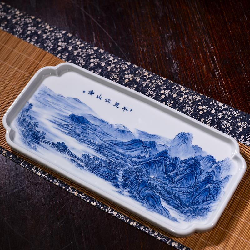 四方茶盘陶瓷实用简约大号茶海托盘加单层青花瓷粉彩瓷中式釉下彩