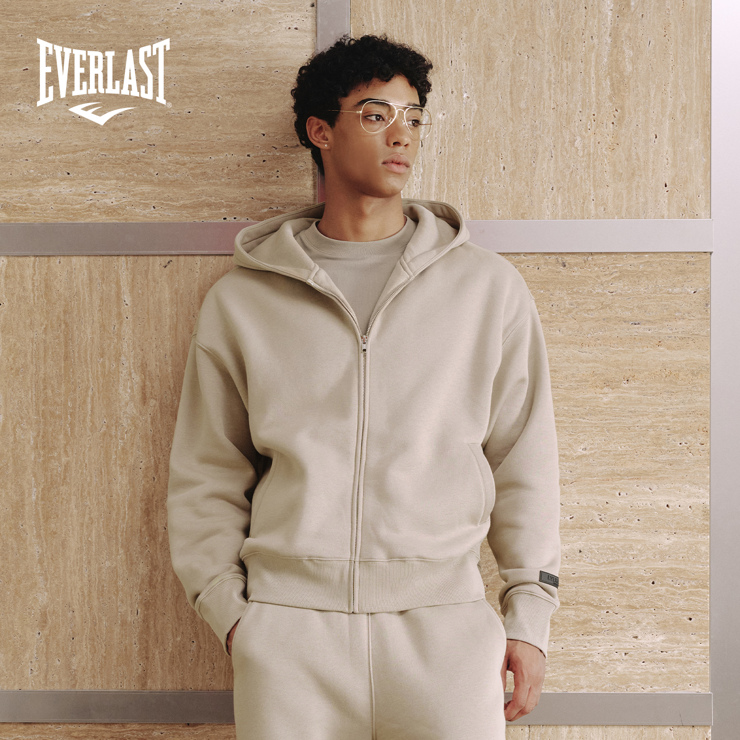 美国EVERLAST拳击美式复古简约开衫卫衣加绒落肩运动休闲连帽外套