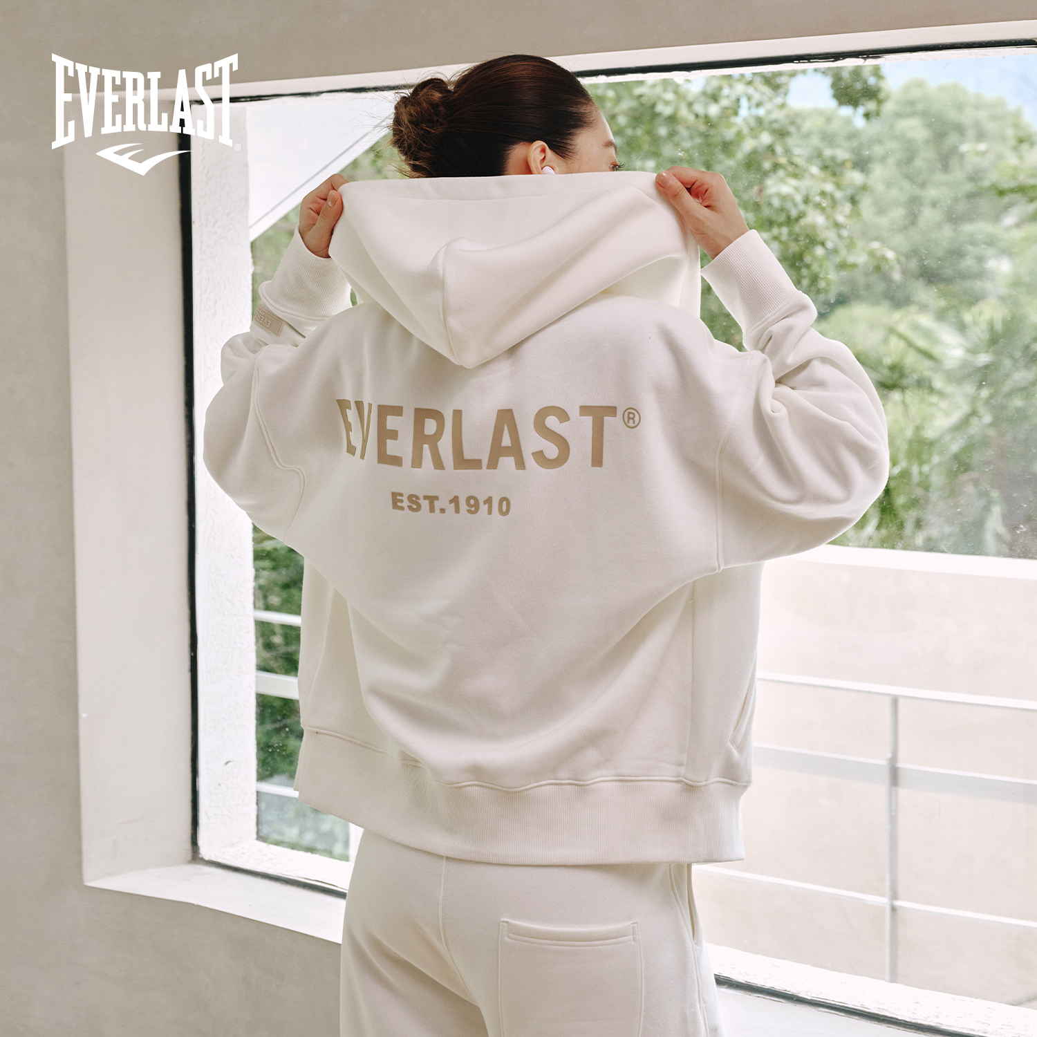 美国EVERLAST拳击美式复古简约开衫卫衣加绒白色运动休闲连帽外套