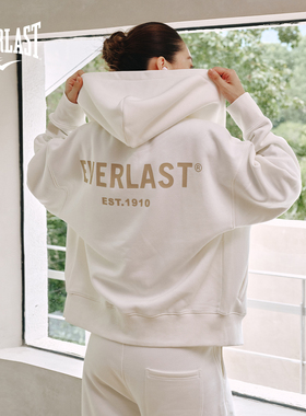 美国EVERLAST拳击美式复古简约开衫卫衣加绒白色运动休闲连帽外套