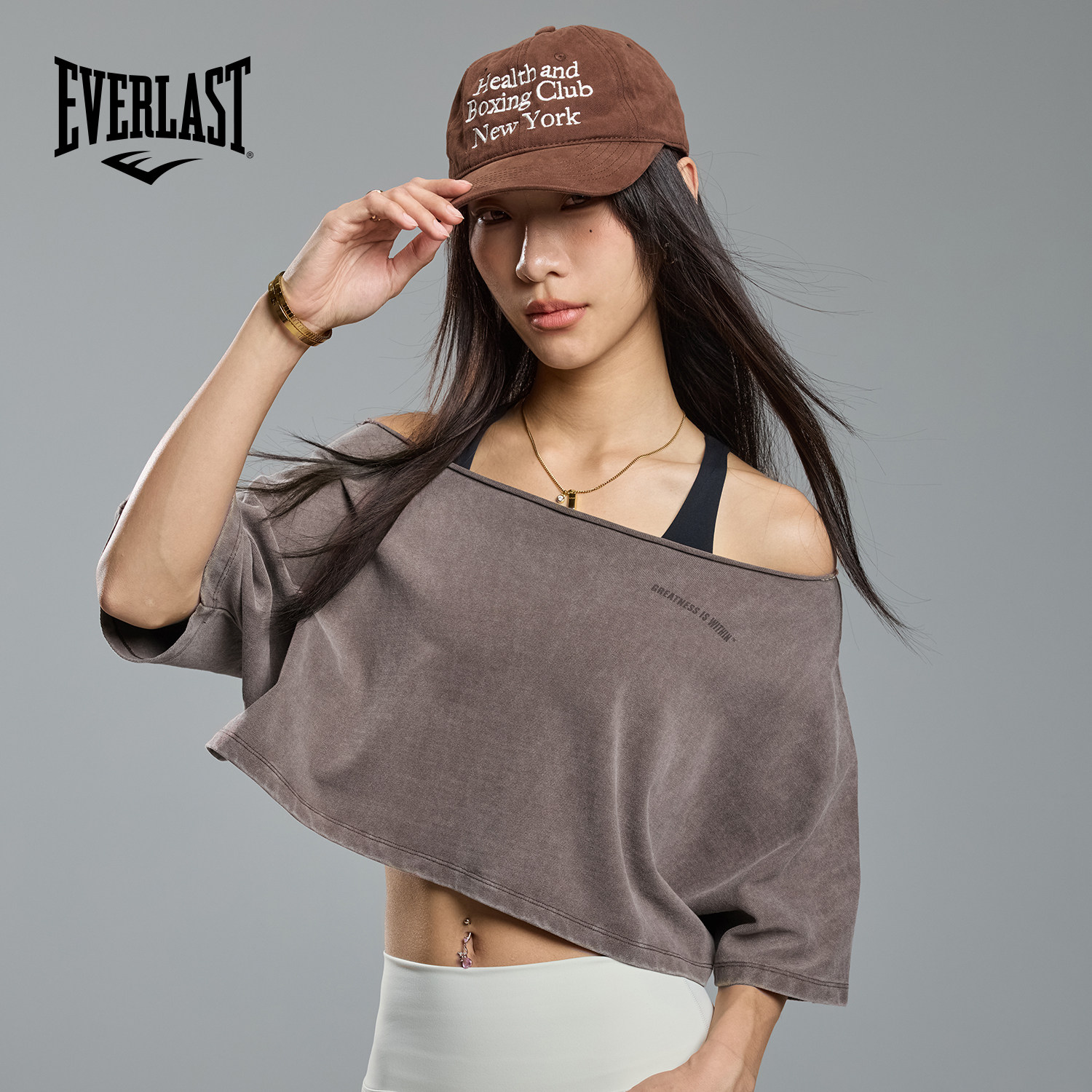 美国EVERLAST拳击训练健身上衣女短款斜肩罩衫大领口运动短袖t恤
