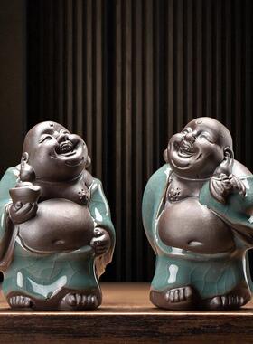 中式陶瓷哥窑茶宠花宠摆件茶玩茶盘茶道花盆园艺装饰品笑佛小弥勒