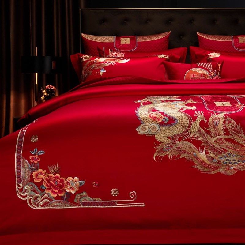 婚庆家纺红色花卉四件套富贵花开牡丹刺绣十件套结婚床上用品陪嫁