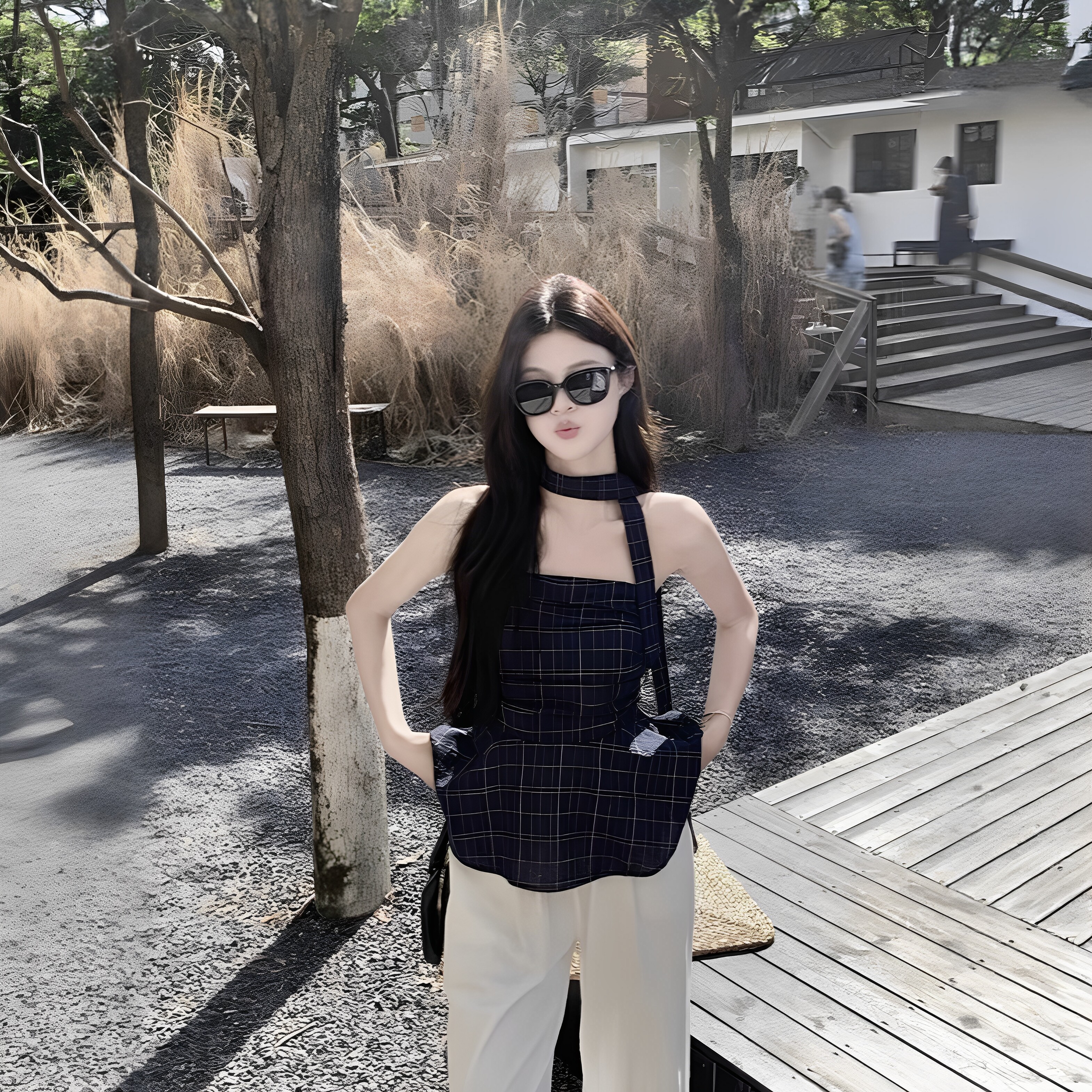韩版辣妹格子抹胸背心女
