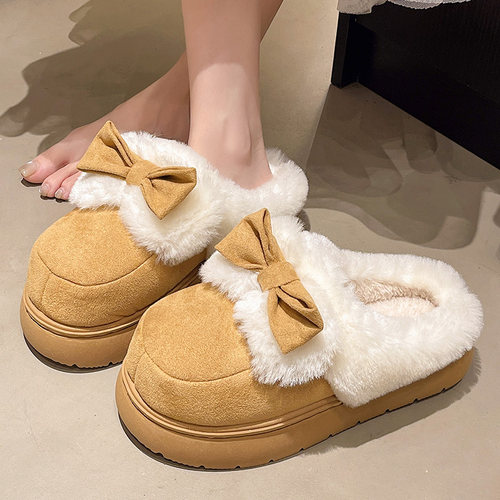 优遇家新款毛绒棉拖鞋女秋冬季室内居家可爱蝴蝶结保暖防滑月子鞋