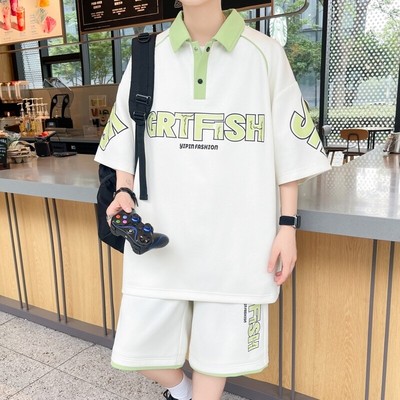 翻领短袖t恤男款夏季休闲运动套装高级感一整套穿搭衣服polo衫潮T