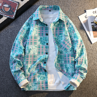 新款长袖花格子衬衫男春秋季潮流翻领衣服痞帅休闲外套青少年衬衣