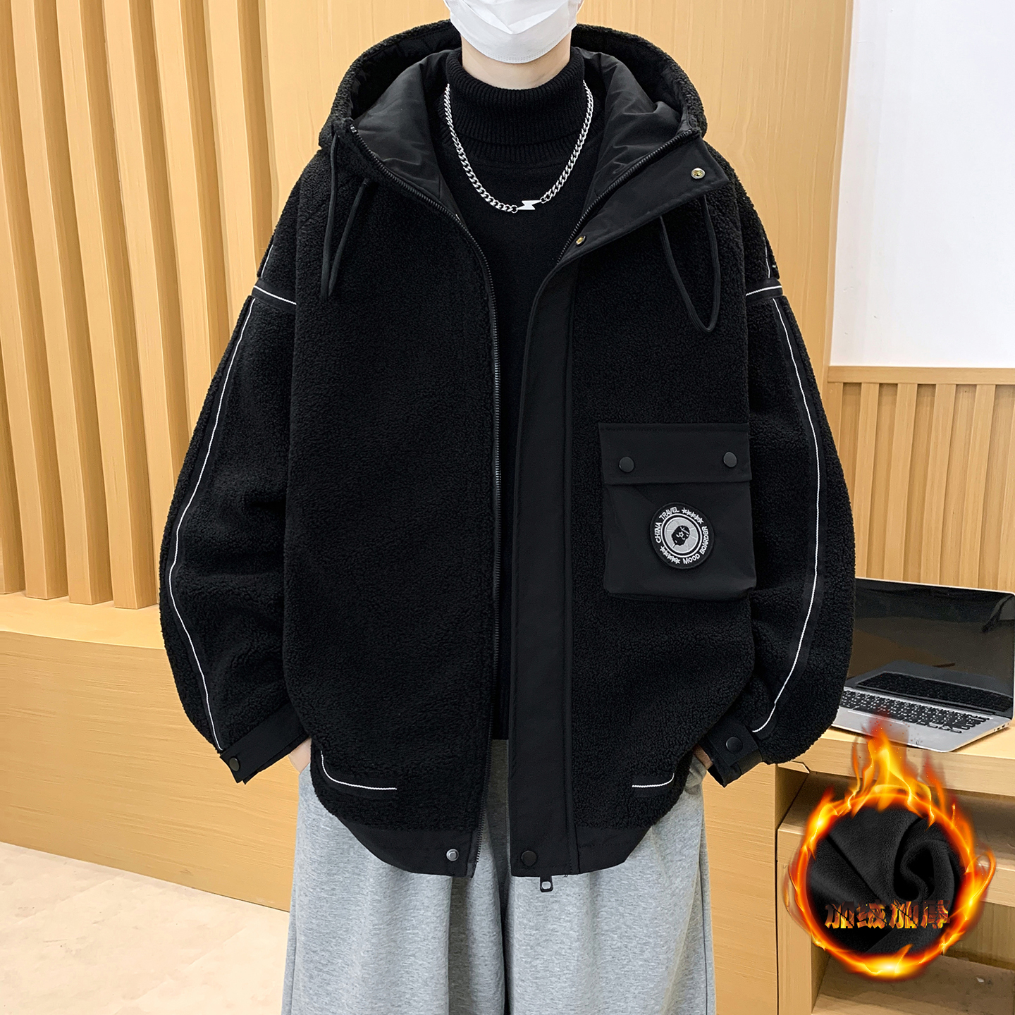 加绒加厚羊羔绒棉衣男士冬装外套