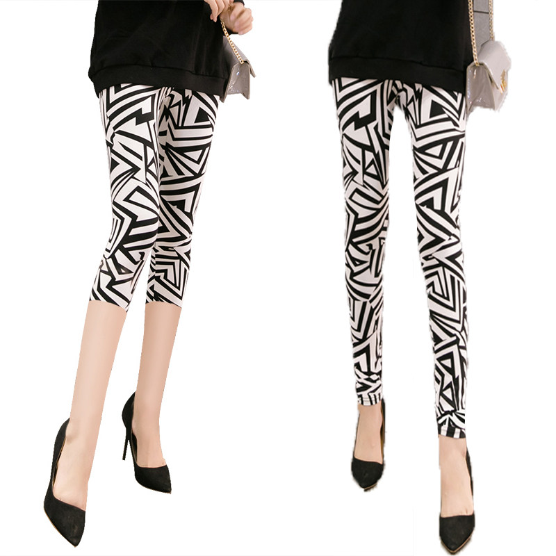 夏季花色大码女裤子高腰打底裤女七分裤夏天薄款九分长裤弹力花裤