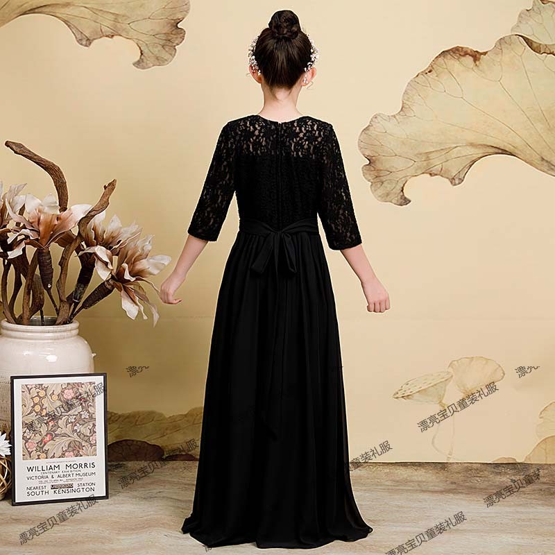 高端齐地女儿童钢琴长款黑色舞台礼服古筝大小提琴演奏表演服蕾丝