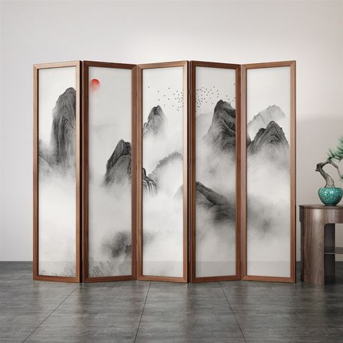 新中式屏风实木折屏山水隔断客书房厅折叠移动遮挡玄关办公室屏障