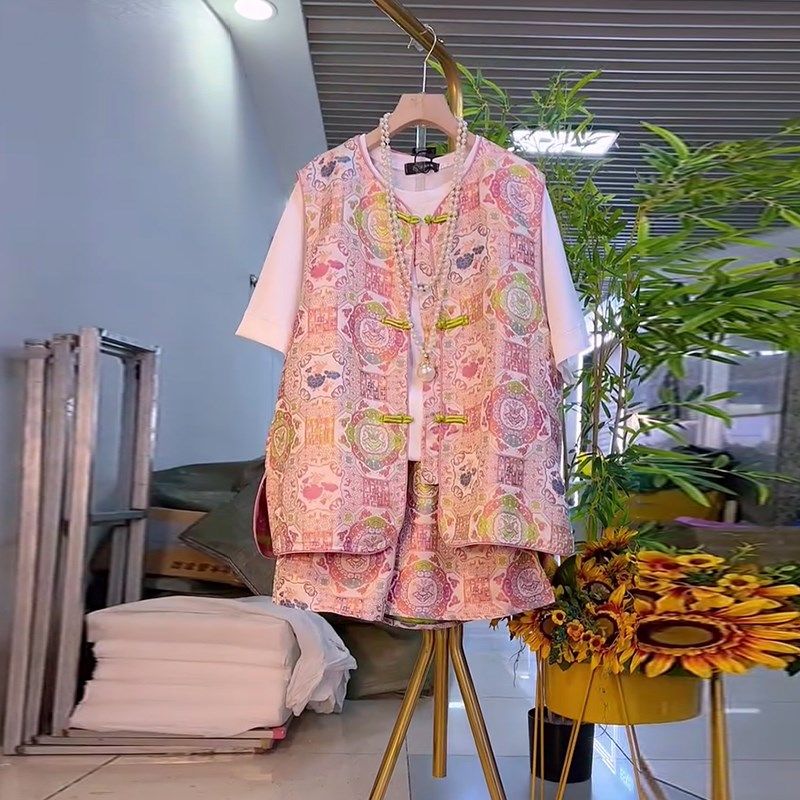 加大码女装立领盘扣国风花朵马甲短裤胖妹妹夏季款气质显瘦两件套,女装/女士精品,大码套装,淘宝优惠券,粉丝福利购,淘宝优惠卷