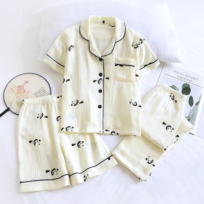儿童夏季薄款纯棉纱布睡衣套男童清新短长裤短裤宝宝家居服三件套