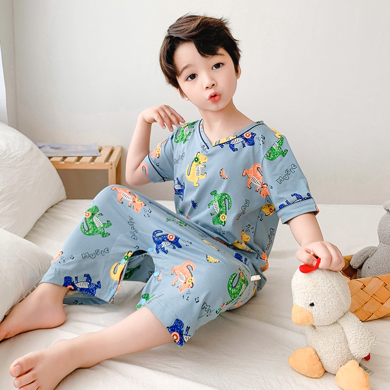 恐龙衣服儿童连体睡衣夏季薄款男童短袖纯棉宝宝大童连身睡袍长袖