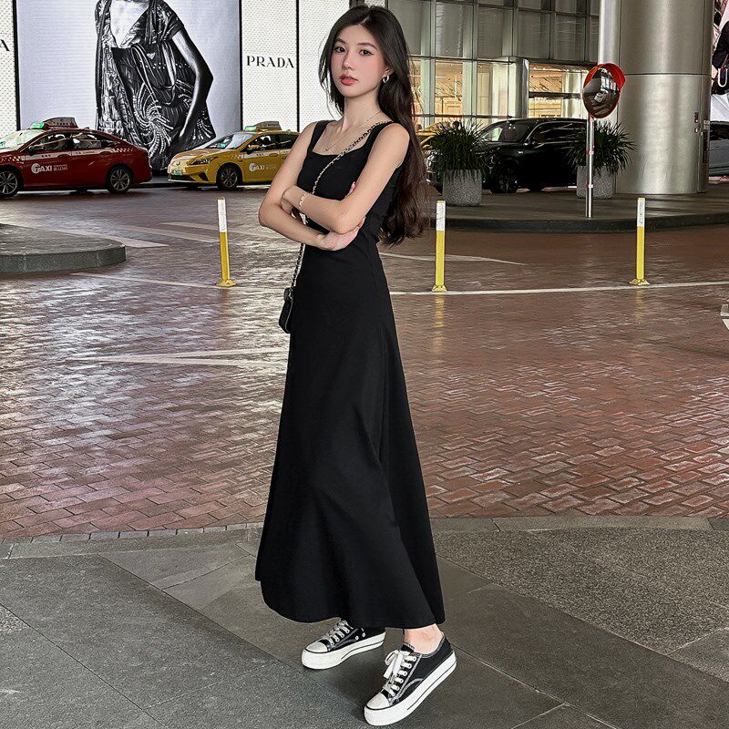 黑色吊带裙连衣裙垂感背心裙女夏修身显瘦内搭裙子高级感A字长裙
