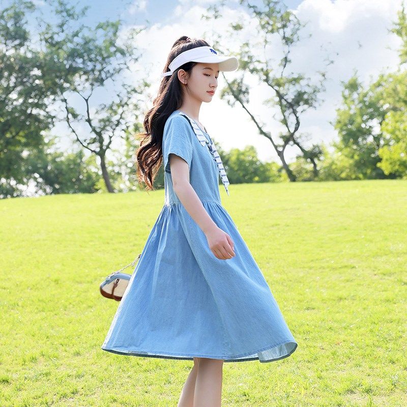 初中生夏装牛仔连衣裙少女大童领结休闲收腰学院风高中中长款裙子