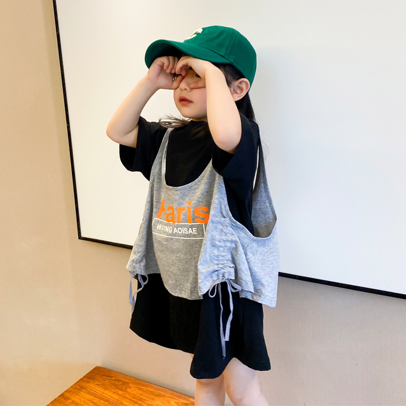 女童中长款t恤裙夏2022新款潮洋气时尚夏装短袖两件套连衣裙欧美,童装/婴儿装/亲子装,连衣裙,淘宝优惠券,粉丝福利购,淘宝优惠卷