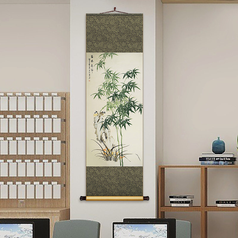 竹报平安新中式丝绸卷轴挂画玄关走廊过道装饰画餐厅书房茶室壁画