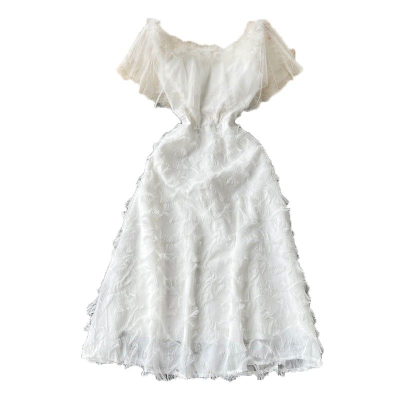 一字肩晚礼服女白色法式轻婚纱订婚领证登记羽毛小个子新娘连衣裙