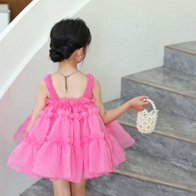女童粉色吊带蓬蓬裙2025夏季连衣裙短裤套装礼服公主裙甜美可爱风