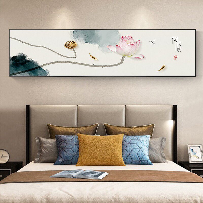 新中式卧室装饰画横版荷花客厅茶室背景墙挂画温馨主人房床头壁画