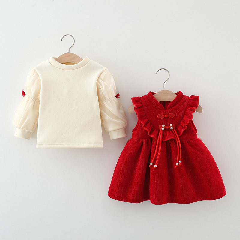女童连衣裙套装秋冬加绒中国风公主裙子婴儿宝宝周岁红色新年礼服
