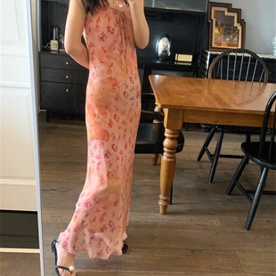 日落粉 碎花吊带连衣裙晕染油画少女感修身茶歇长裙子