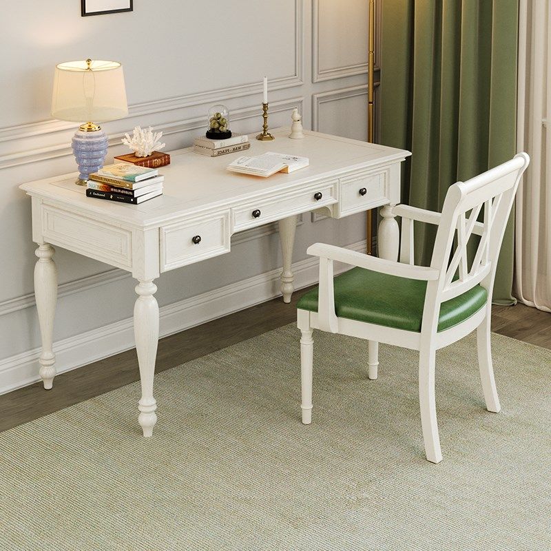 森趣美式实木白色书房卧室书桌家用小户型电脑桌书桌椅学生写字桌