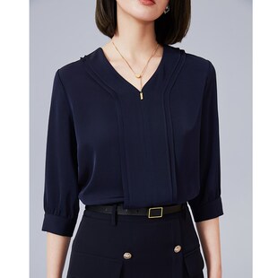 衬衣短袖 藏蓝色v领雪纺衫 职业装 七分袖 百搭宽松遮肚子上衣 女夏季