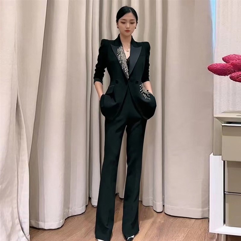 高级感职业套装女镶钻泡泡袖西装外套春秋瘦腿微喇叭裤两件套正装