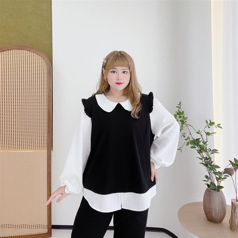 甜美假两件上衣胖仙女莹莹大码女装2024秋胖mm撞色显瘦娃娃领衬衫