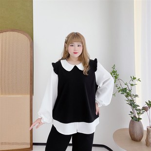 甜美假两件上衣胖仙女莹莹大码 女装 2024秋胖mm撞色显瘦娃娃领衬衫